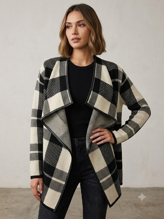 Papillon Blanc Sweaters - Papillon Black & Cream Plaid Open-Front Cardigan